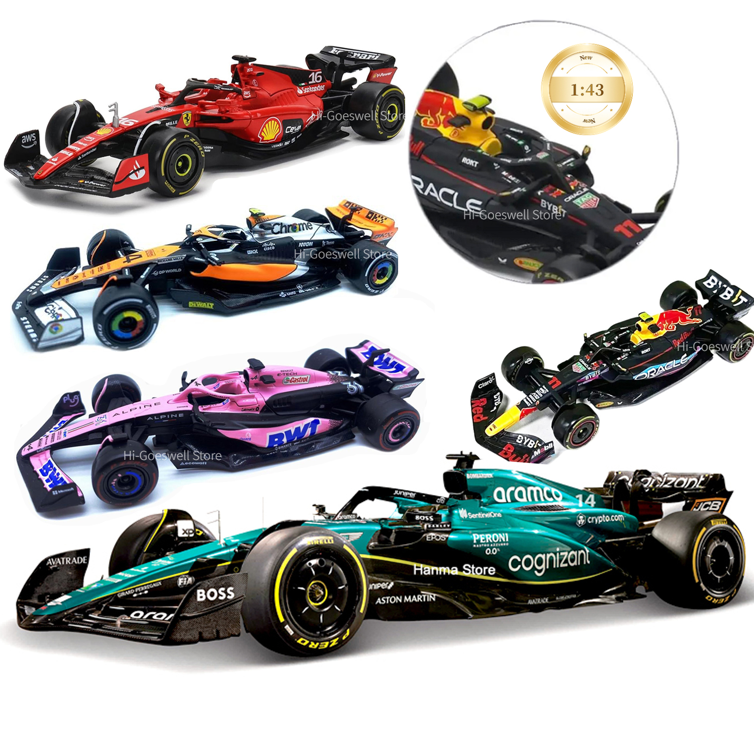 Bburago 1:43 Aston Martin AMR23 Mercedes W14 Red Bull RB19 Miami GP Ferrari SF23 Alpine A523 F1 Modellauto Static Racing