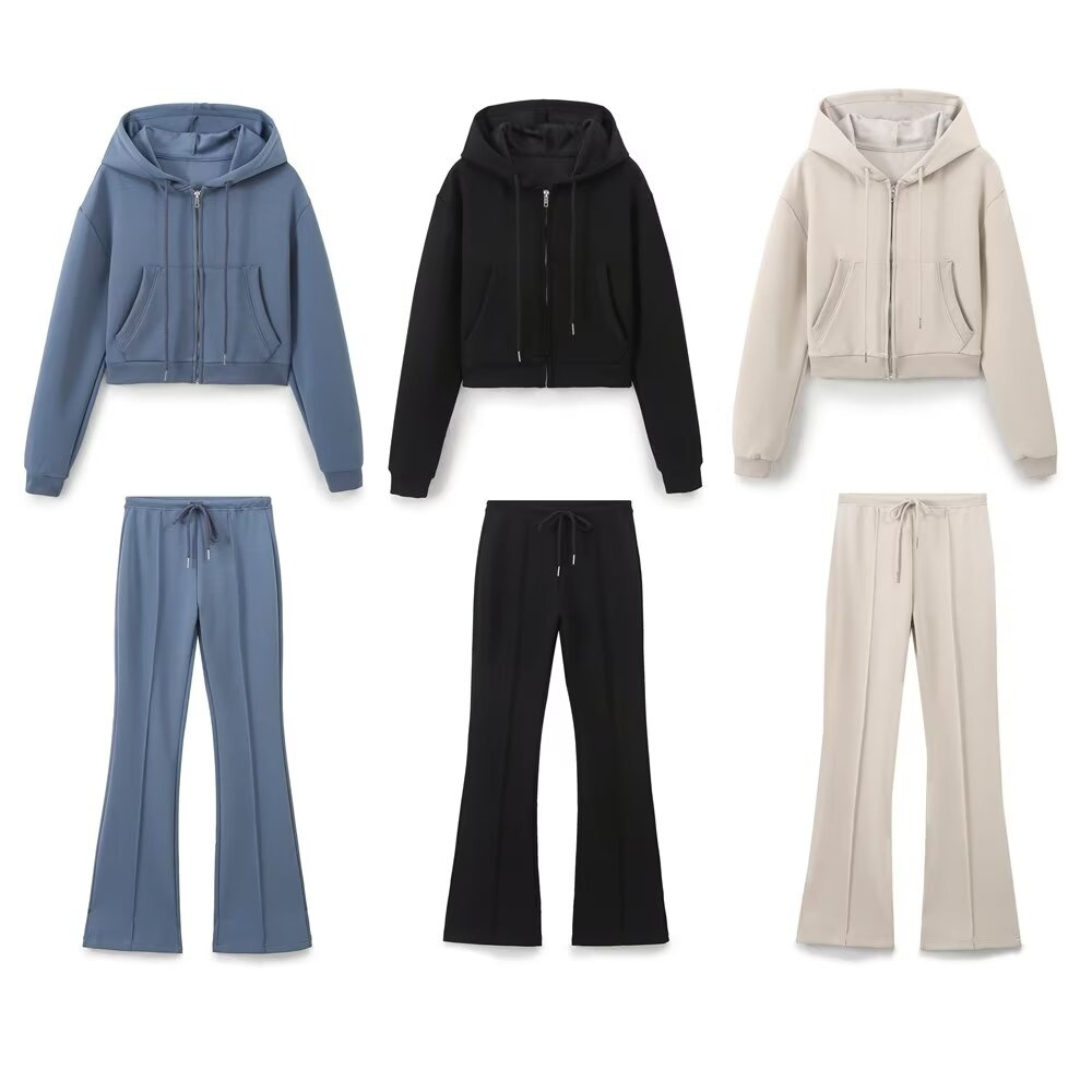 Herfst nieuwe dames modieuze casual rits decoratie hooded lange mouwen sweatshirt jas trompet broek set