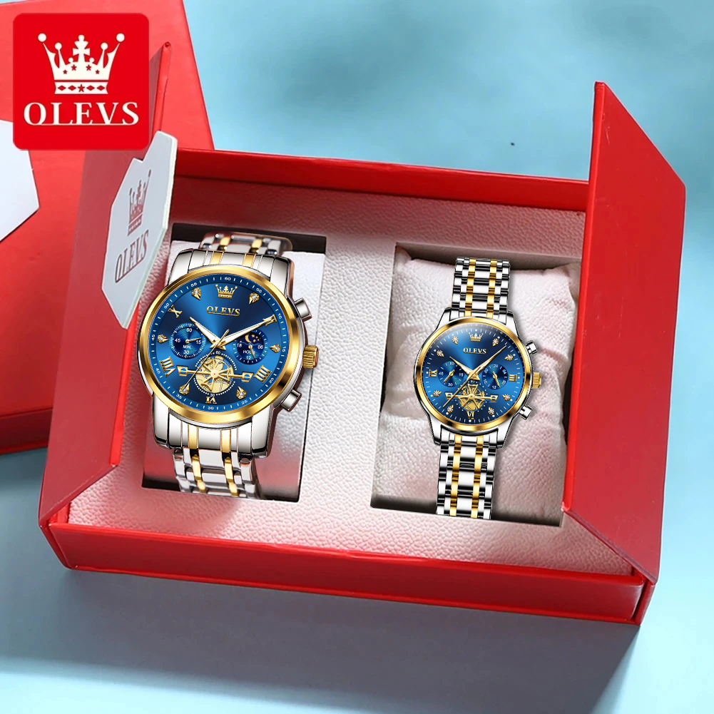 OLEVS-Relógios de casal para homens e mulheres, aço inoxidável, Hollow Out, relógio de quartzo impermeável, Moon Phase, Lovers Set, Luxury Brand, Fashion