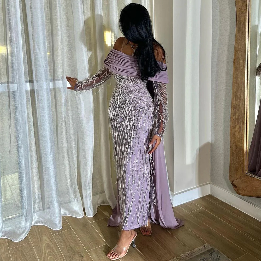 Saudi Luxury Cocktail Dresses 2025 Sheath Jersey Valentine's Day Dress Lavender Off-the-shoulder Tassel Criss-Cross Prom Gown