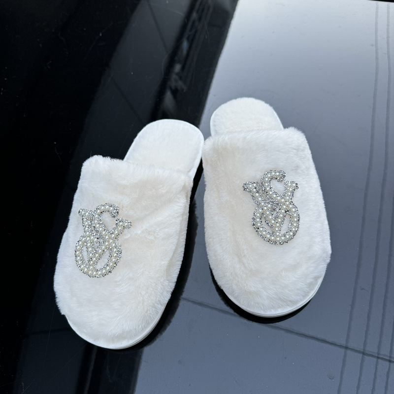 Baotou Wool Cotton Slippers Women's Autumn and Winter New Warm Slippers Household Pearl Slippers Fashionable Women's Outer Shoes
