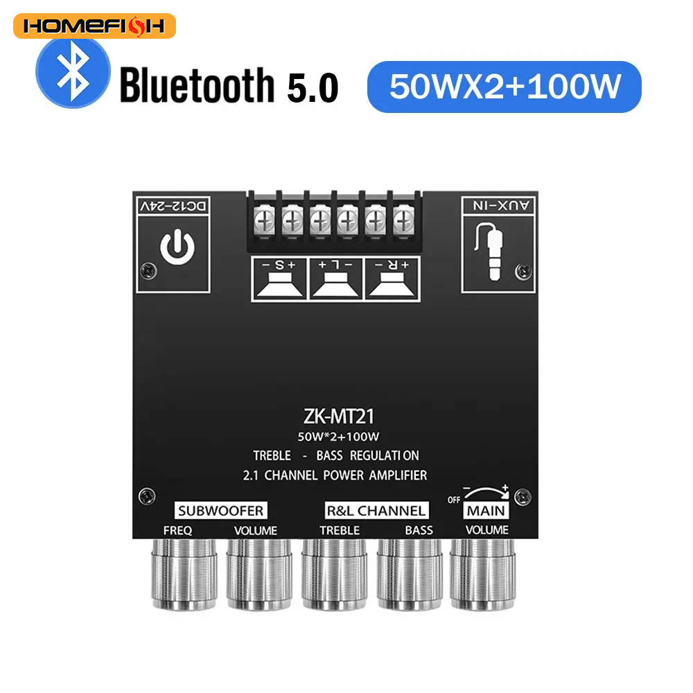 Placa amplificadora para subwoofer ZK-MT21 canales Bluetooth 5,0 2,1, 50W x 2 + 100W, placa amplificadora de Audio estéreo de potencia, amplificador de graves AUX