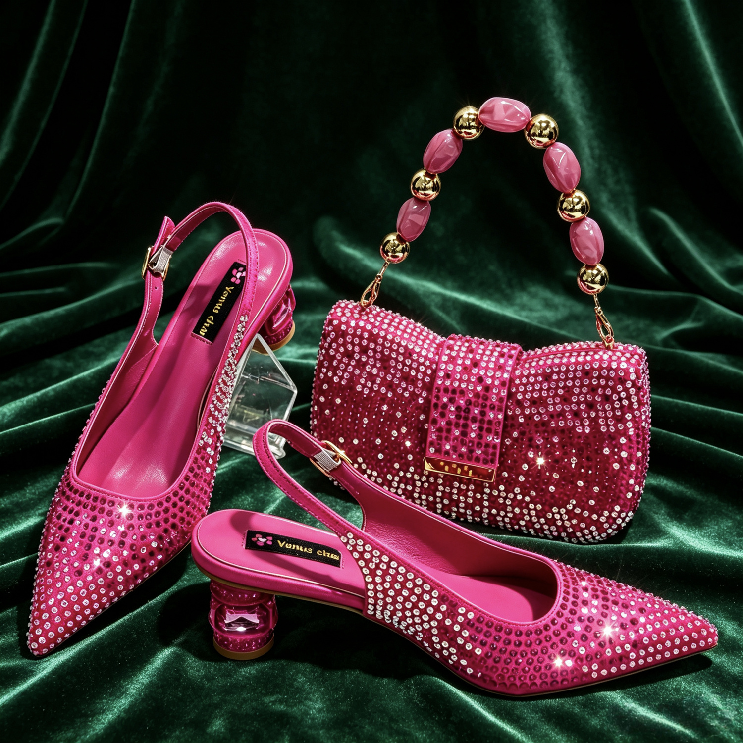 Conjunto de Sapatos de Salto Alto Fuchsia com Strass e Bolsa Clutch Combinando para Mulheres, Sapatos de Cristal Luxuosos para Casamento e Festa Noturna