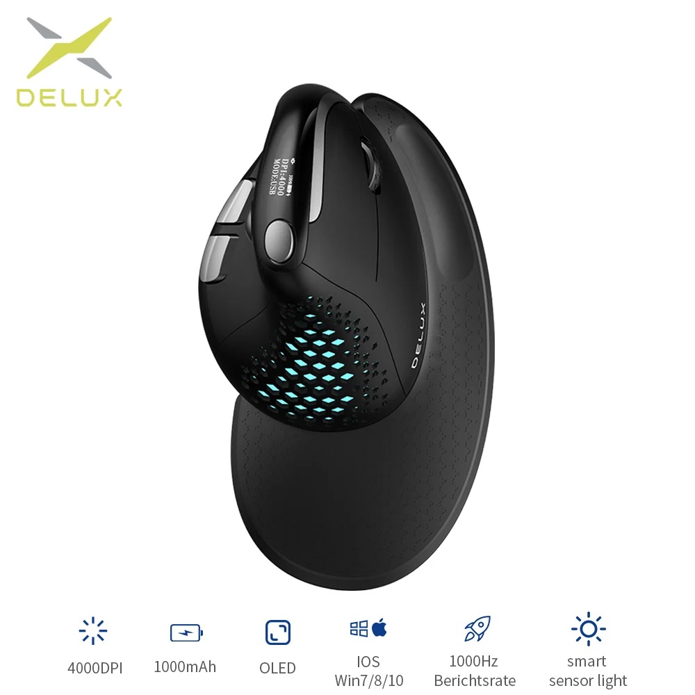 Delux M618XSD Seeker Ergonomische vertikale Maus mit OLED-Bildschirm, 4000 DPI, wiederaufladbar, 1000 mA, abnehmbare Rückseite für Computer