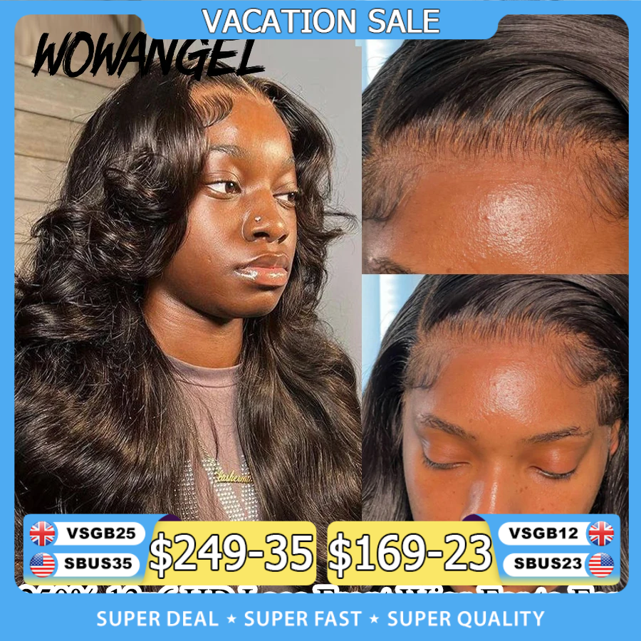 Wow anjo 250% 13x6 hd peruca dianteira do laço suíço pele derretida pré arrancado natural do couro cabeludo onda do corpo peruca de cabelo humano para mulher sem cola