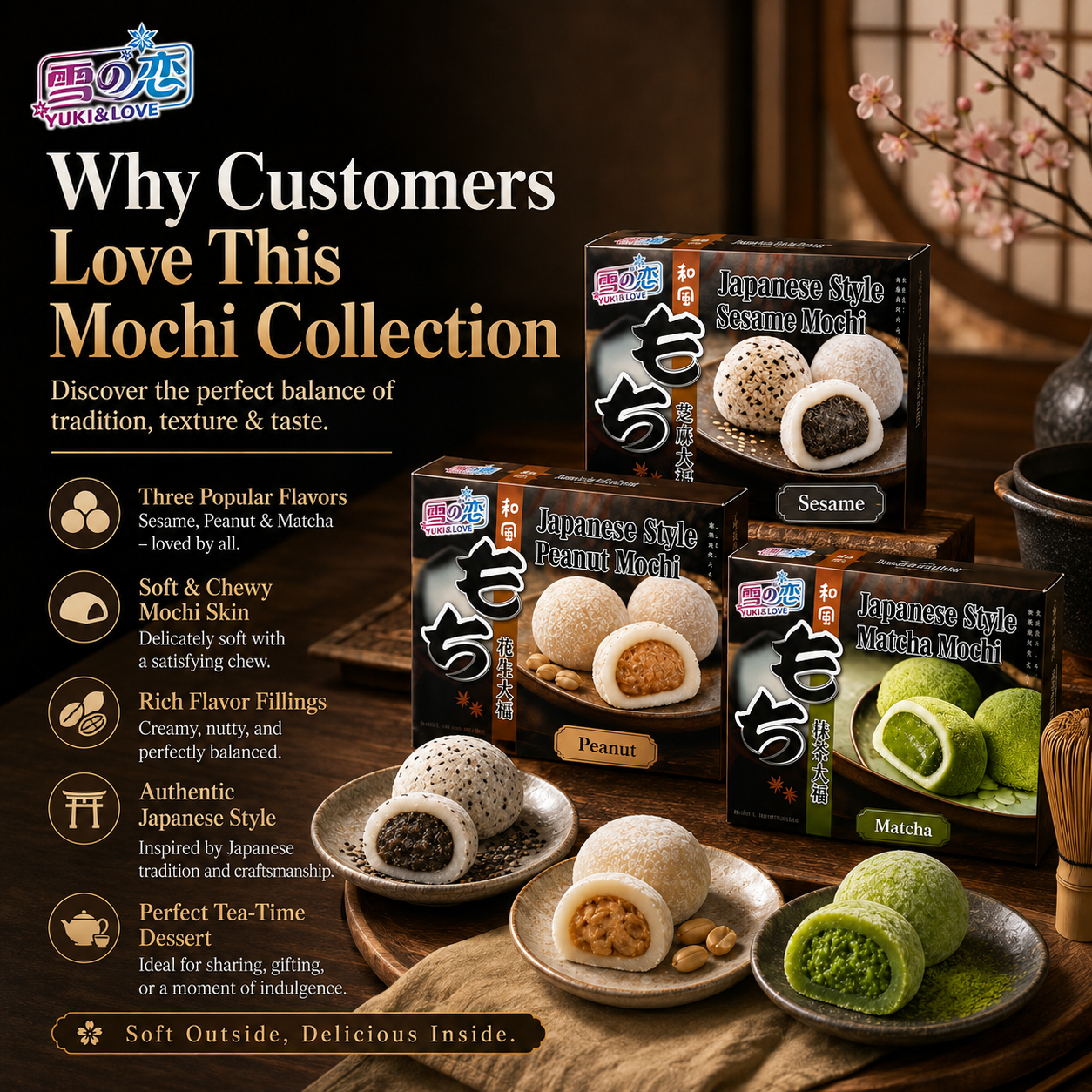 Mochi Daifuku Tradicional Japonês, YUKI&LOVE, Pastel de Arroz Premium com Centro de Gergelim, Peso Líquido 210g