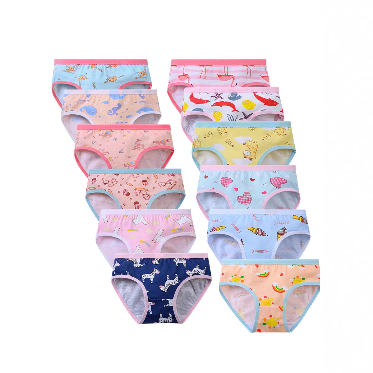 12 Peças de Calcinhas Infantis para Meninas, Cuecas de Algodão, Calcinhas Triangulares com Estampa de Desenhos Animados