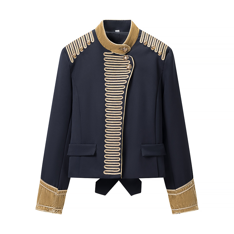 Nouvelle Collection 2026 – Veste Courte Femme Style Britannique avec Broderie Dorée, Bordure Contrastante, Col Montant – Élégance Vintage pour le Quotidien et les Trajets