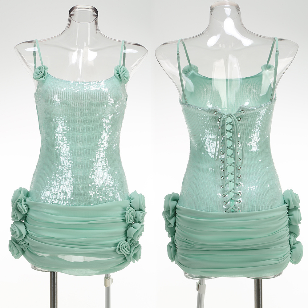 Glitzerndes, sexy Minikleid mit Pailletten, ärmellos, rückenfrei, zum Binden, Blumen, gerüscht, Ballkleider, Cocktail-Abendkleid, Hochzeitsgastkleid