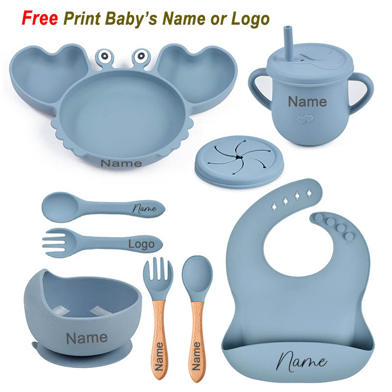 Prato de caranguejo para bebê, talheres de silicone, tigela de sucção, bandeja, babadores, colher, nome personalizado, nome do bebê, conjunto de alimentação para crianças