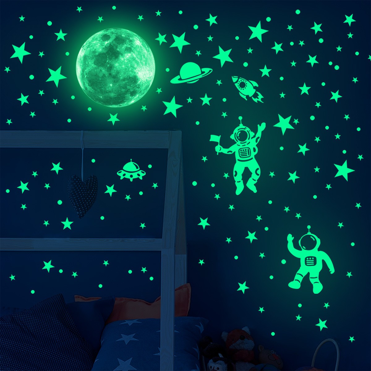 Luminoso lua estrelas adesivos de parede para quarto das crianças decoração brilho no escuro terra decalques parede noctilucentes decoração casa