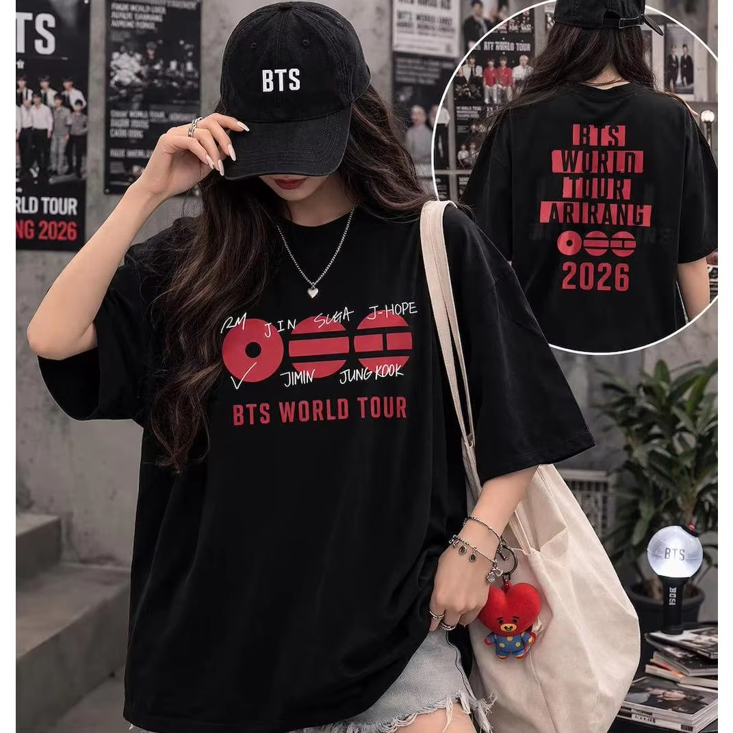 Новая футболка унисекс BTS Arirang World Tour 2026 с графическим принтом, 100% хлопок, детские размеры, летняя модная футболка K-pop для мужчин и женщин