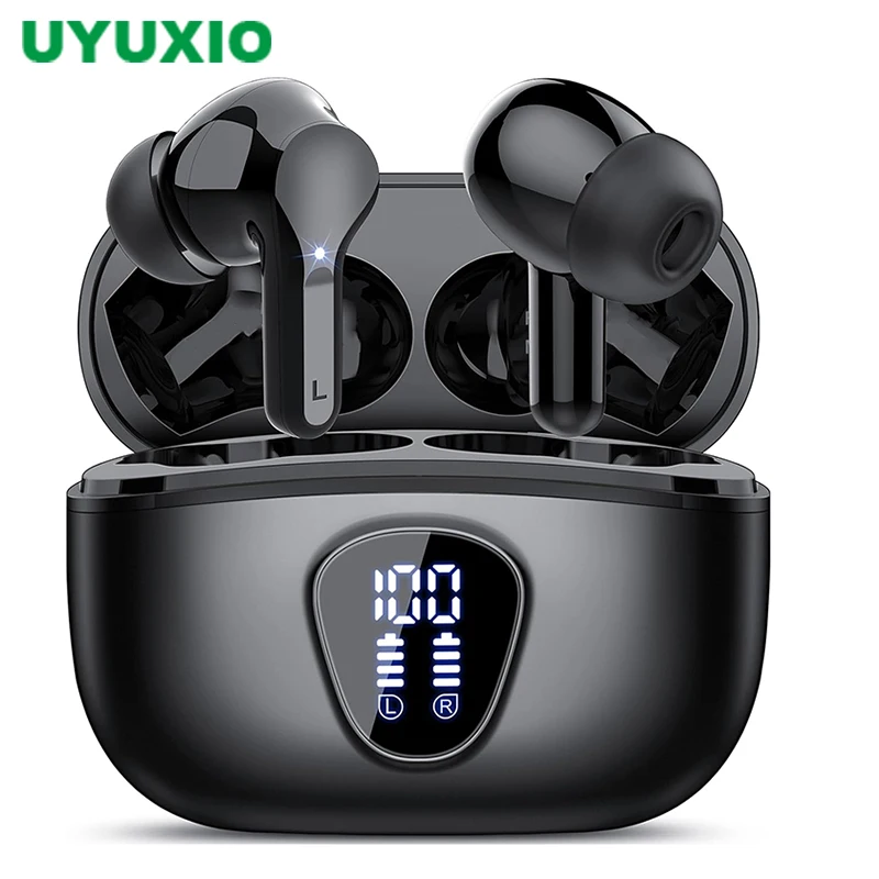 UYUXIO BT5.4 Kabellose Ohrhörer mit LED-Anzeige, HiFi-Stereo-Ohrhörer, Kopfhörer mit IP7 wasserdichtem ENC-Kopfhörer mit Geräuschunterdrückung