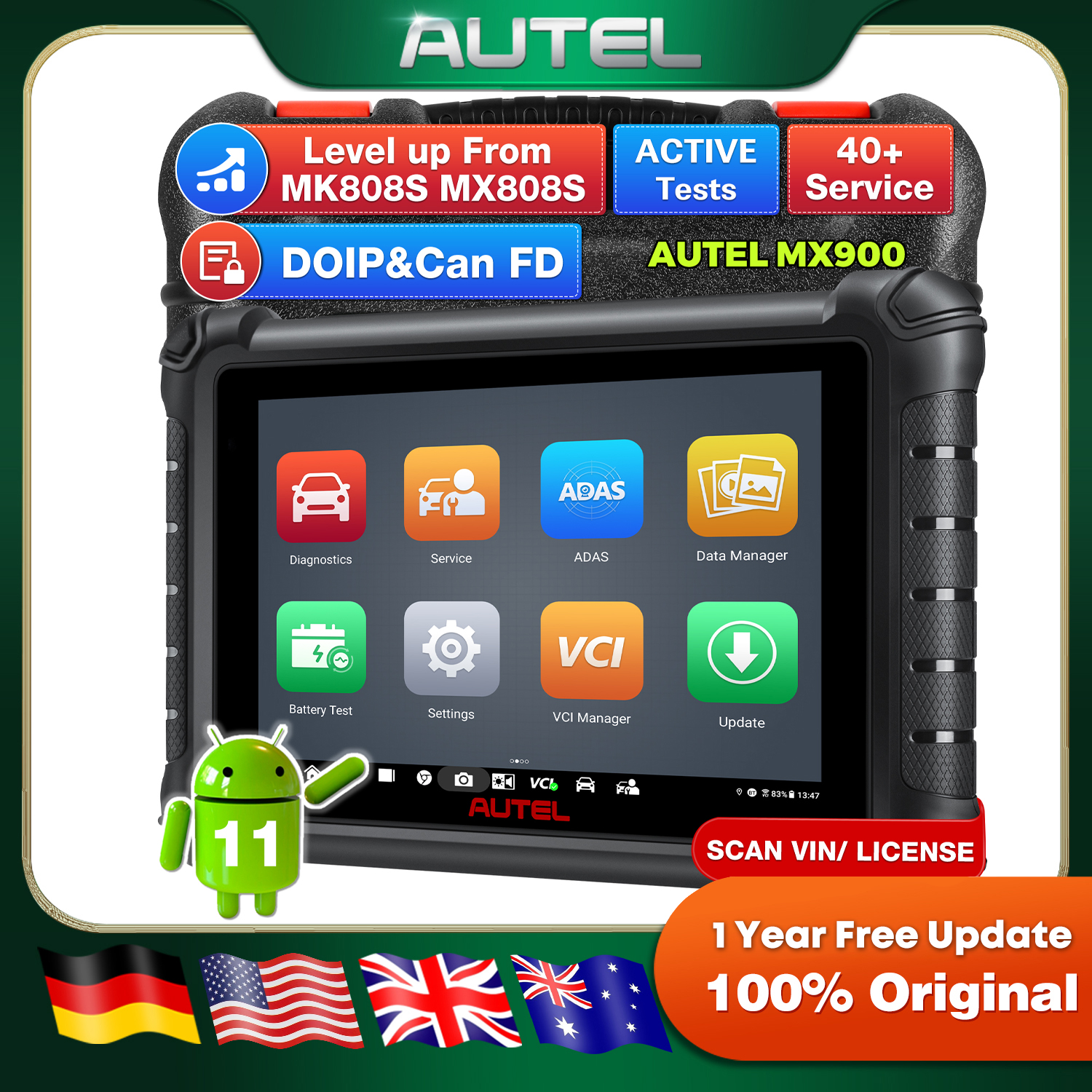 Autel MaxiCheck MX900 Pemindai Diagnostik Mobil Bidireksional dengan 3000+ Tes Aktif DoIP&CAN FD 40+ Layanan Versi AS MaxiCOM MK900 MK900BT dan MK808BT MK808S MX808S Diagnosa Semua Sistem FCA 11OS