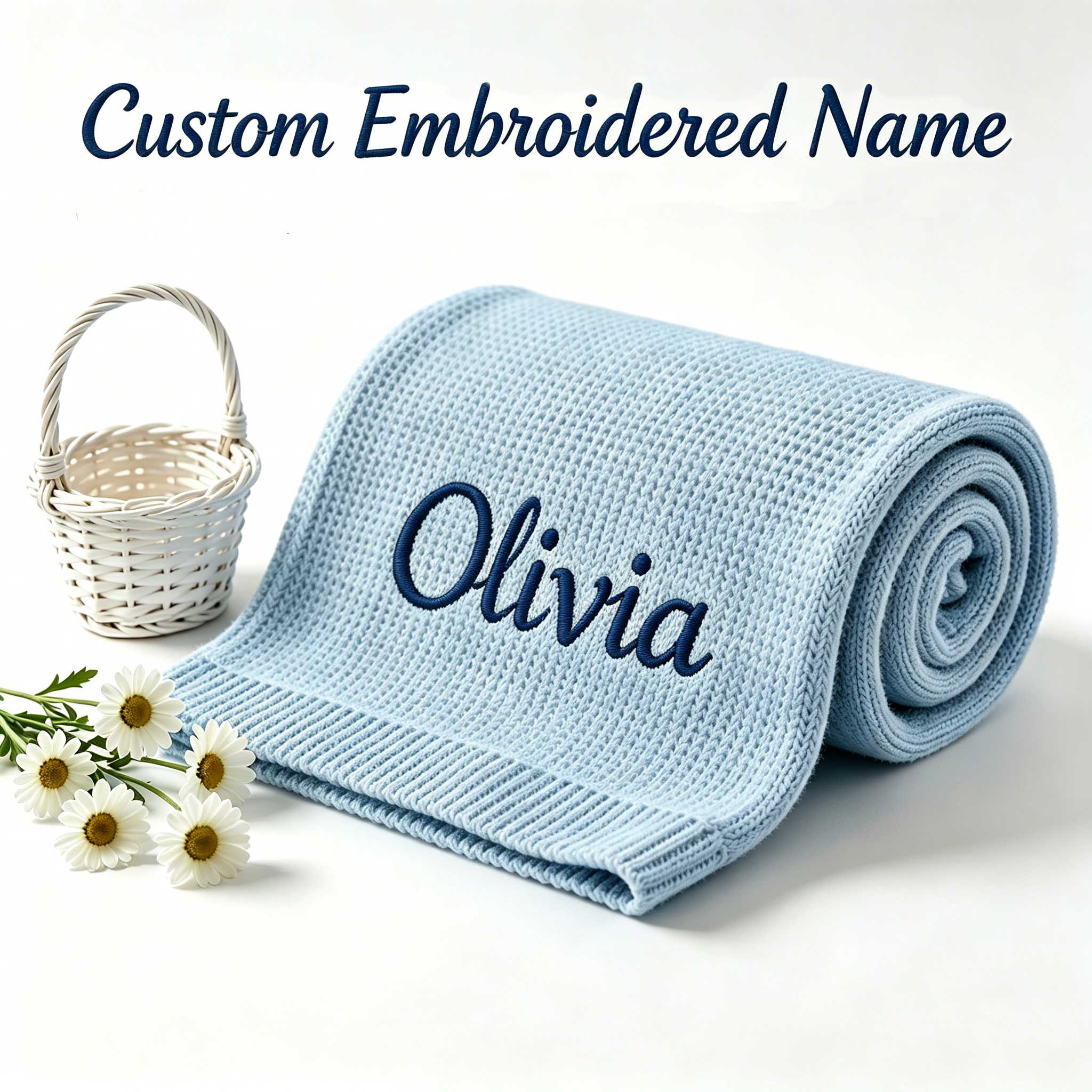 Couverture bébé en tricot 100% coton, personnalisable avec nom, douce, respirante, couverture d'emmaillotage pour nourrisson, couverture de réception personnalisée pour nouveau-né, cadeau