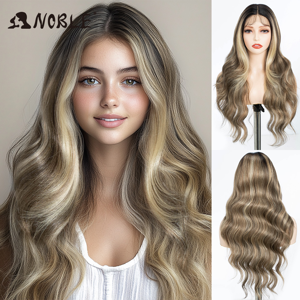 Noble ลูกไม้ด้านหน้าด้านหน้า ombre วิกผมสีบลอนด์ 28 นิ้วยาวสีแดงแอฟริกันอเมริกันสังเคราะห์ Wigs สำหรับผู้หญิงสีดำ 2 สีฟรีเรือ