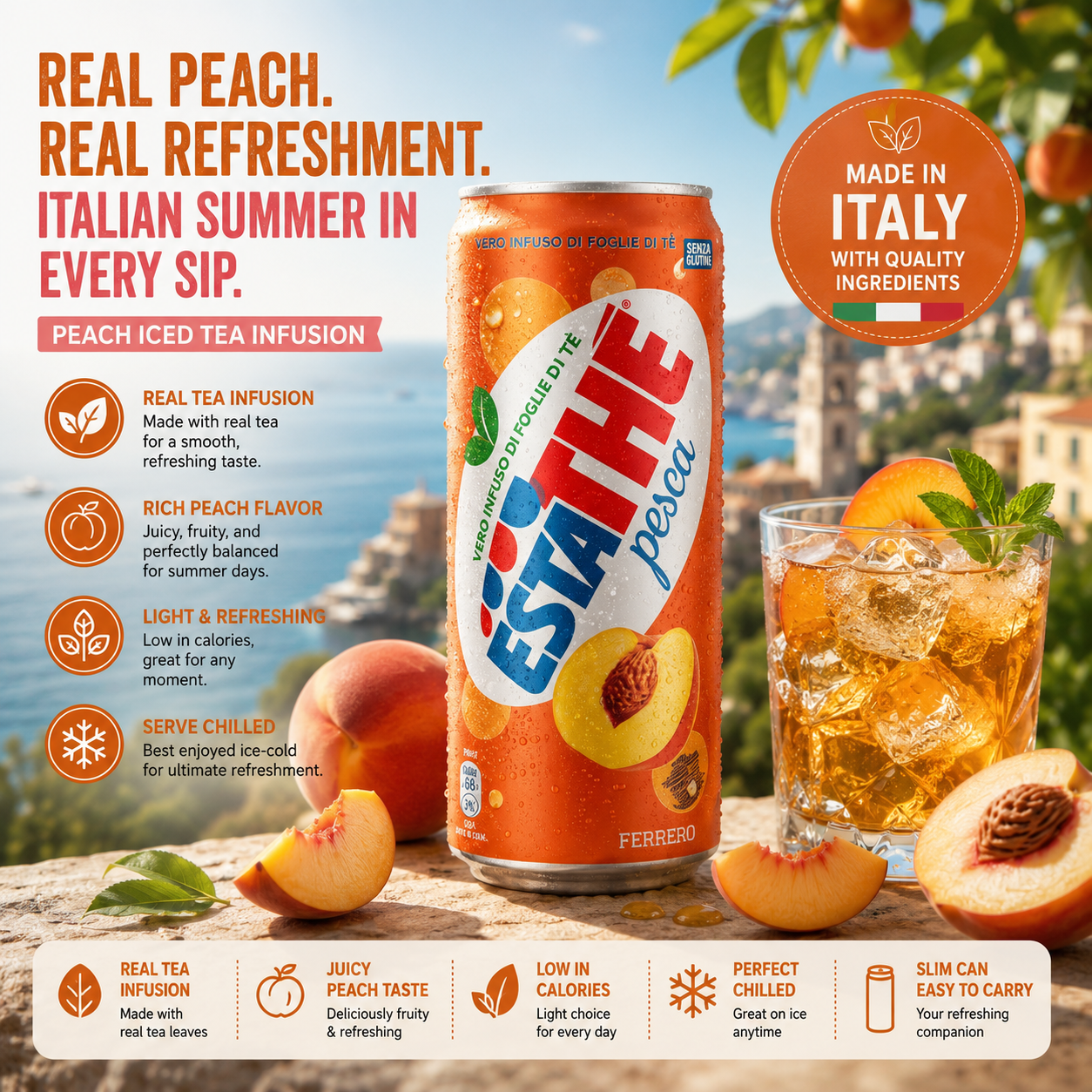 Premium Pfirsich-Eistee, Sorgfältig Gebrühter Tee, Natürlicher Pfirsichgeschmack, Erleben Sie den Italienischen Sommer mit Jedem Schluck