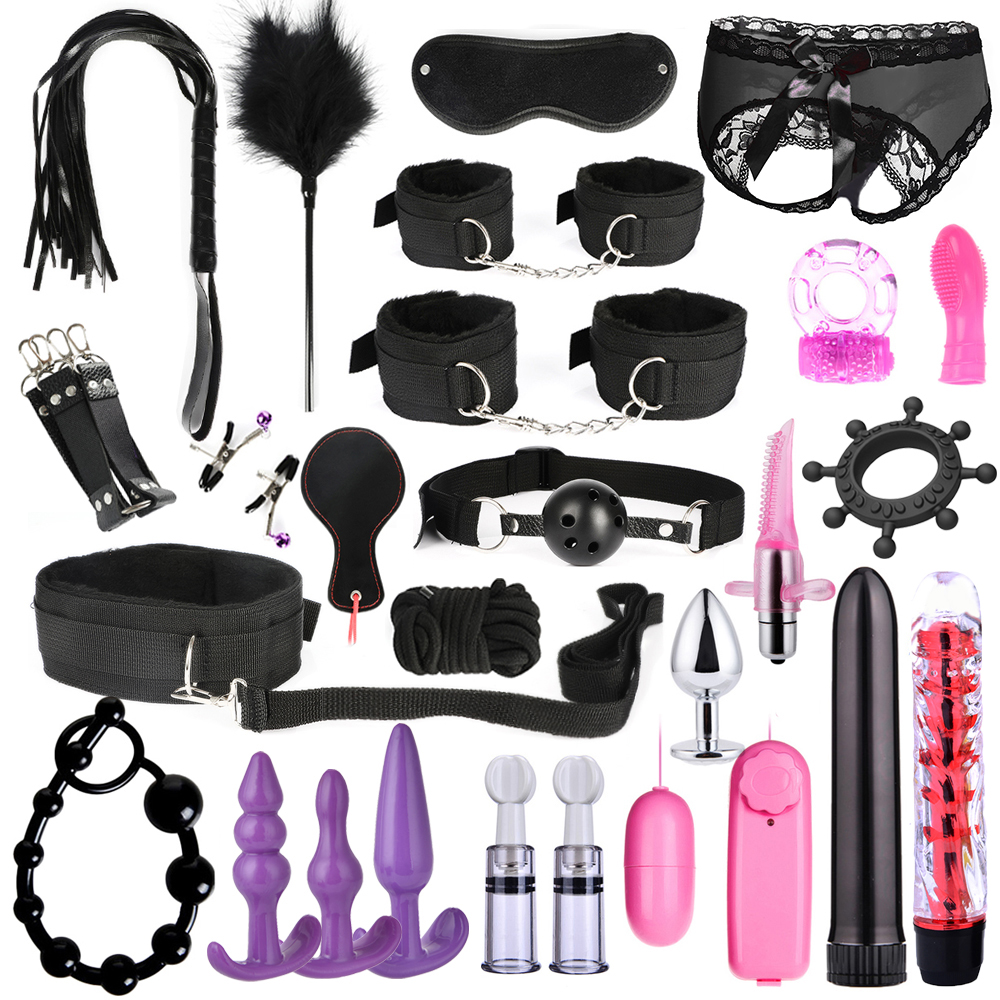 Set Perbudakan Mainan Seks Dewasa untuk Wanita Pria Borgol Klem Puting Cambuk Pemukul Seks Logam Sumbat Anal Vibrator Pantat Bdsm Kit