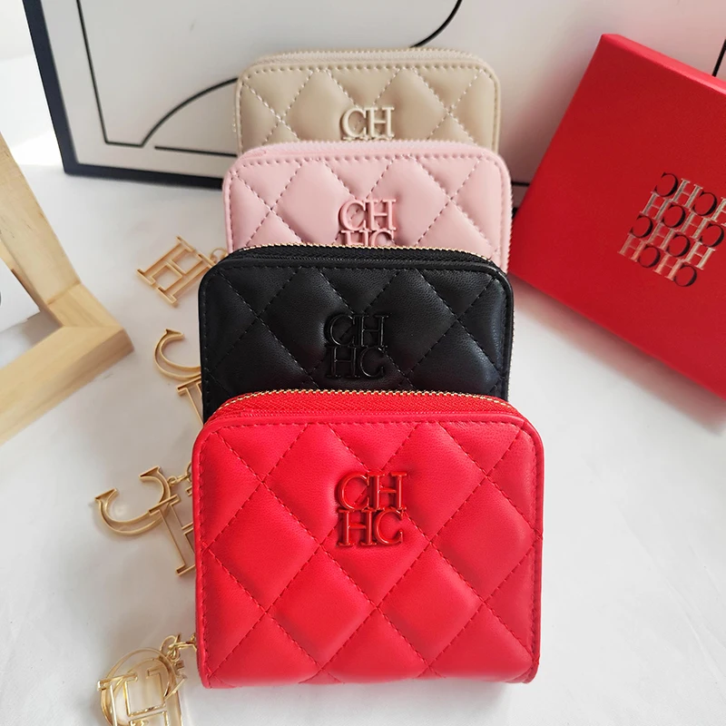 CH-billetera con logotipo de marca exquisita para mujer, billetera de monedas de Color sólido de estilo corto exquisito de lujo, Material PU de alta calidad