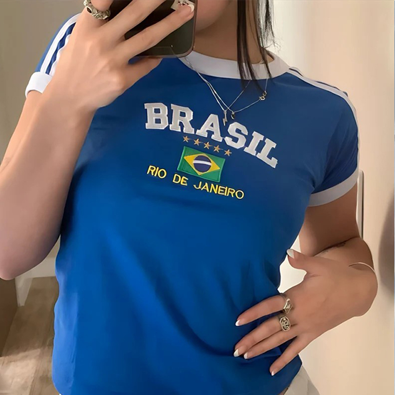 Brasil Brief Grafiken drucken Goth Y2k blau dünn kurz geschnittene T-Shirts Frauen sexy Streetwear Harajuku Frau Kleidung Stich T-Shirt