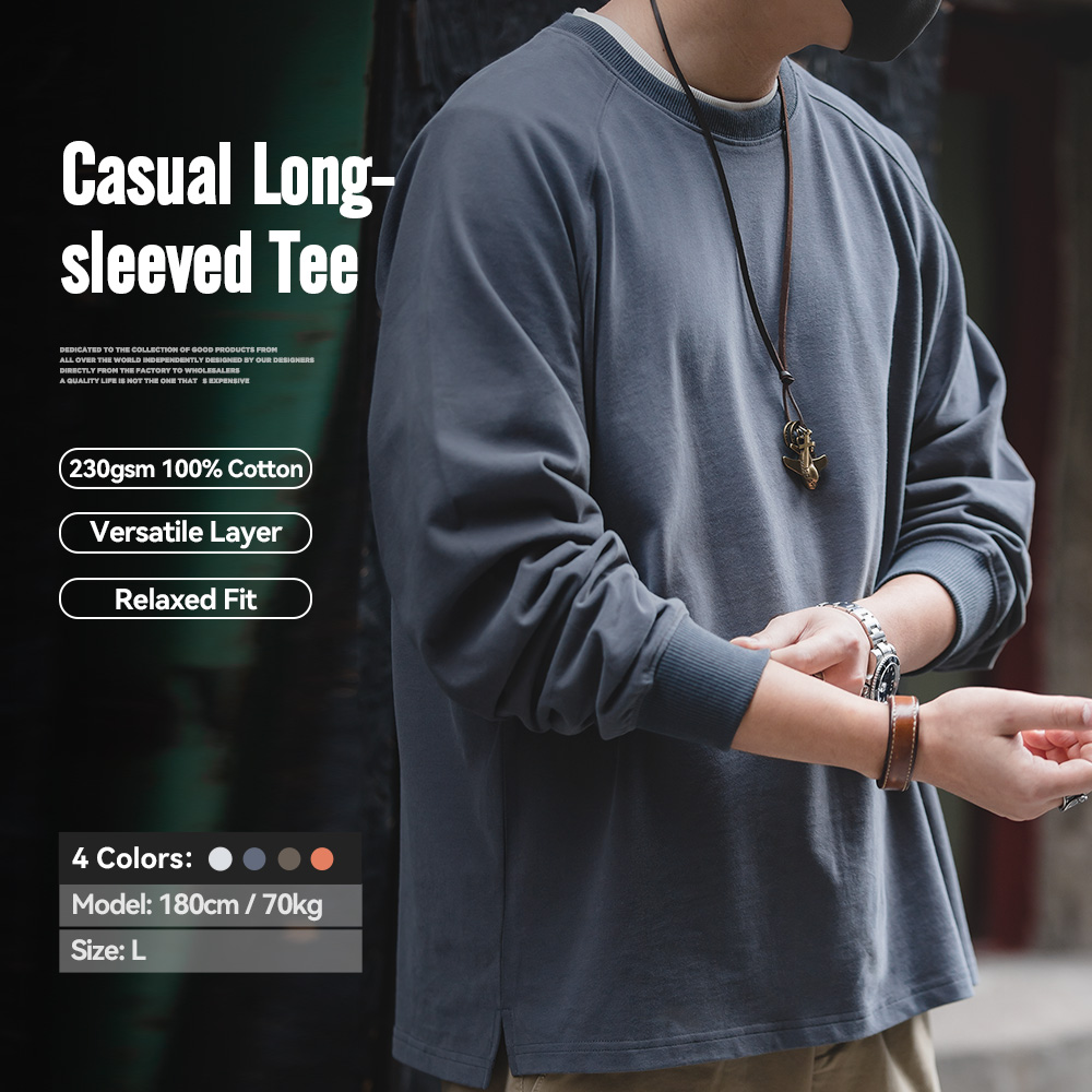 Maden Solid T-shirts Men's Retro Cotton College Casual Vintage Long-sleeved Tee Candy Color Sports Basic Tops Bottoming Pullover