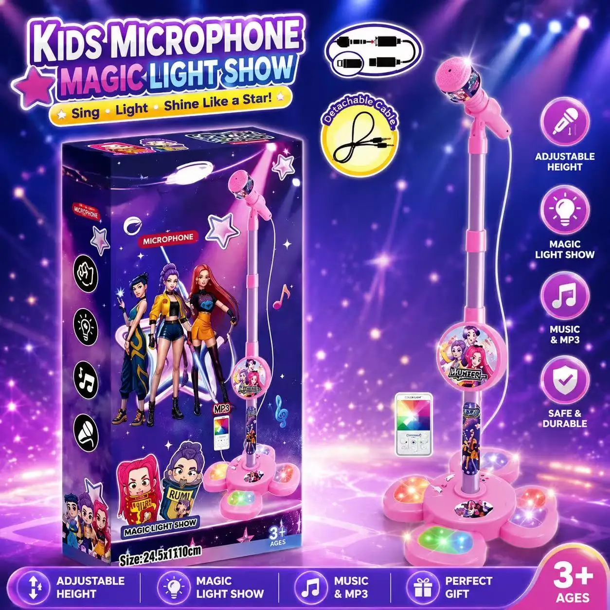 5350a Mainan Mikrofon Pemburu Penyihir dengan Lampu Led Penyangga Yang Dapat Disesuaikan Mendukung Pemutaran Mp3 Hadiah Pertunjukan Musik Bernyanyi Karaoke