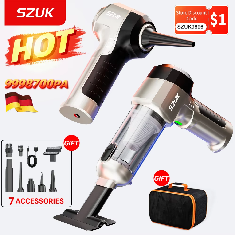 SZUK 2025 新車用掃除機、9998700Pa ハイパワーコードレス掃除機、3ギア強力吸引ミニ掃除機、6000mAh Type-C充電式ポータブル掃除機、