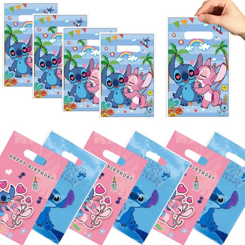 Bolsa de regalo de fiesta de Lilo & Stitch de Disney, bolsas de regalo de plástico con puntadas azules y rosas de Ángel, decoración para fiesta de cumpleaños para niños, Baby Shower