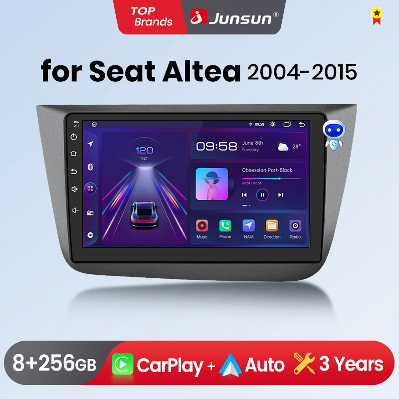 Radio de coche Junsun con CarPlay inalámbrico y Android Auto para Seat Altea 2004 2005-2015 Toledo 3, estéreo multimedia 2 DIN con ventilador de refrigeración integrado, navegación GPS, SWC, Bluetooth, FM, RDS, DSP, pantalla IPS, sistemas inteligentes par
