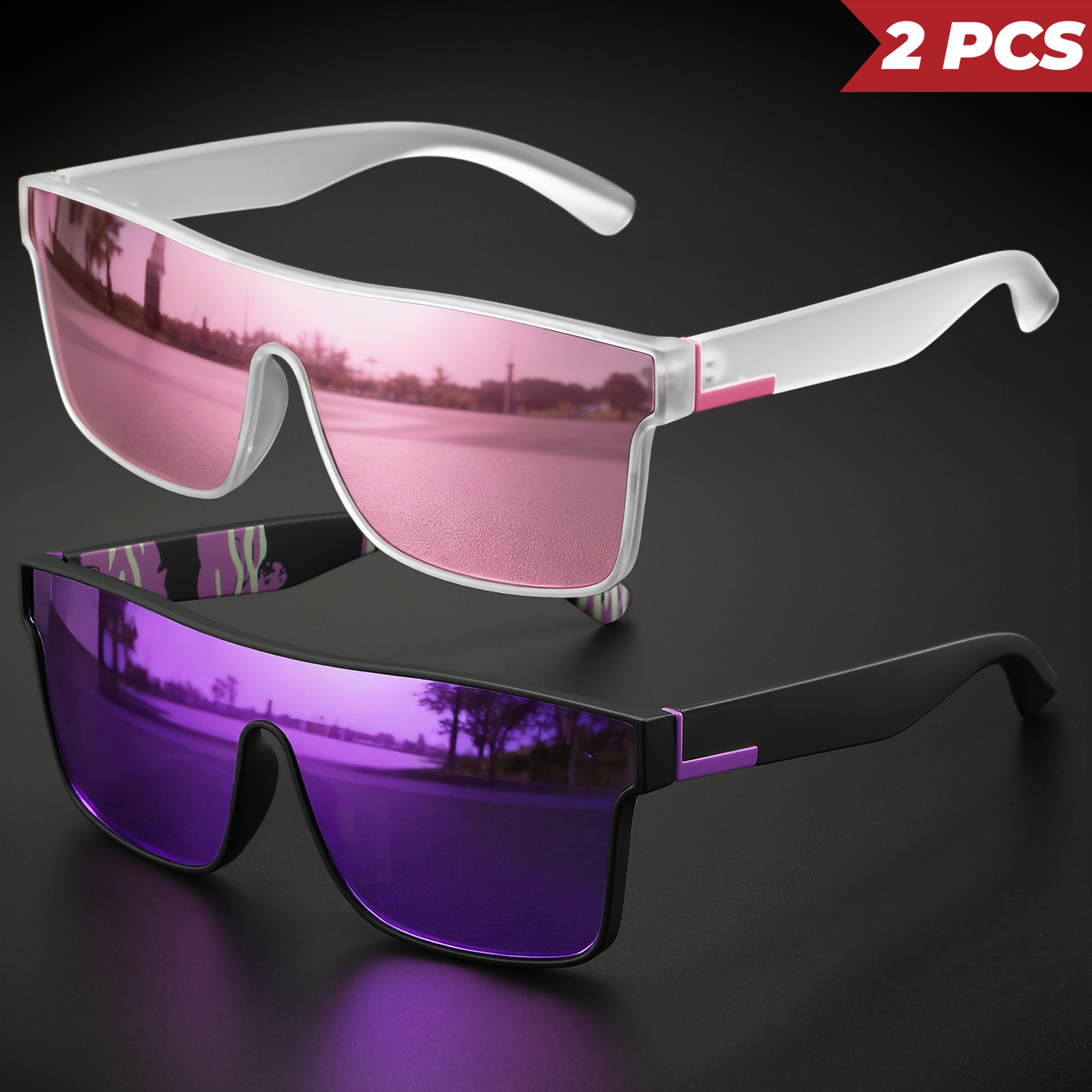 Óculos de sol esportivos coloridos clássicos de 2 peças – lente de uma peça, UV400 unissex para atividades ao ar livre, viagens e diariamente