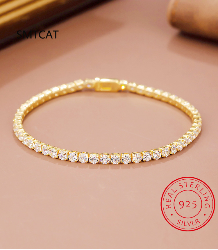 Bracelets en argent Sterling 100% pour femmes, imitation diamant Moissanite, couleur or jaune et blanc, bijoux cadeau d'anniversaire, 925