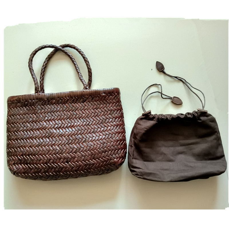 Sac à main en cuir véritable tressé à la main, style rétro, sac seau féminin avec poches en coton, sacs de shopping