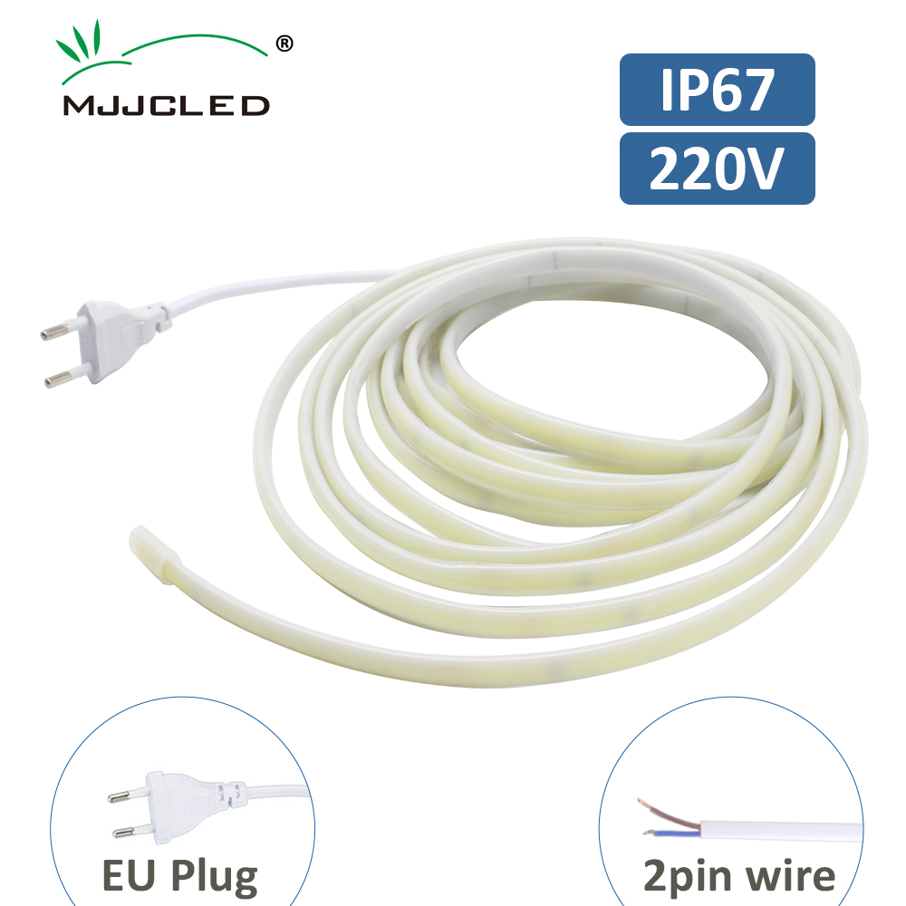 Tira de luces LED COB AC220V IP67, cinta Flexible impermeable, cable de 2 pines/lámpara de cinta con enchufe europeo, iluminación lineal para exteriores de 3000K/4000K/6000K