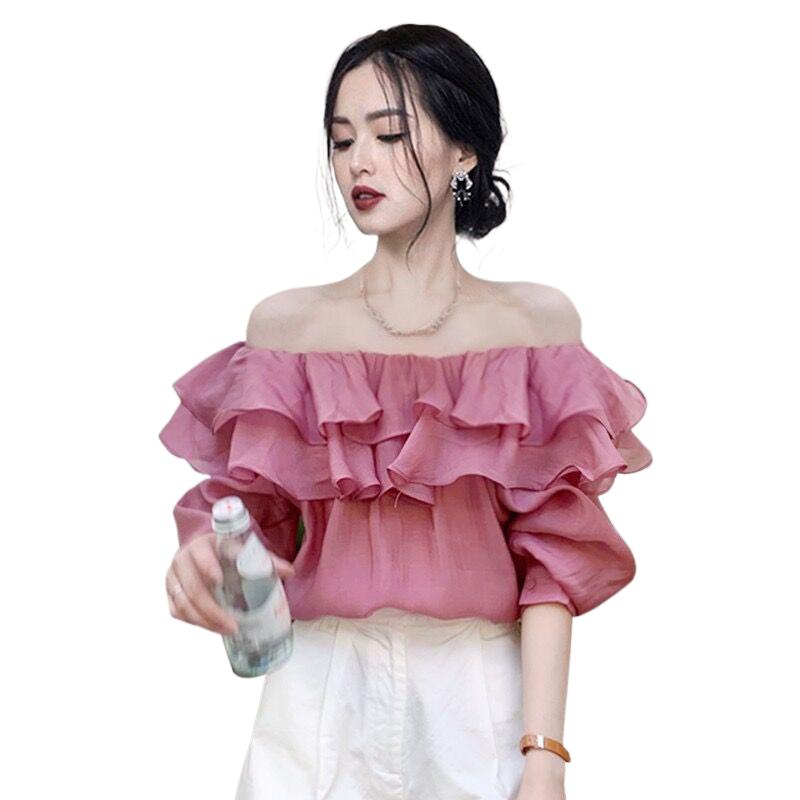 2026 coreano elegante dulce Lyocell blusa moda Otoño fuera del hombro volante slash cuello camisa de manga larga de talla grande tops de primavera