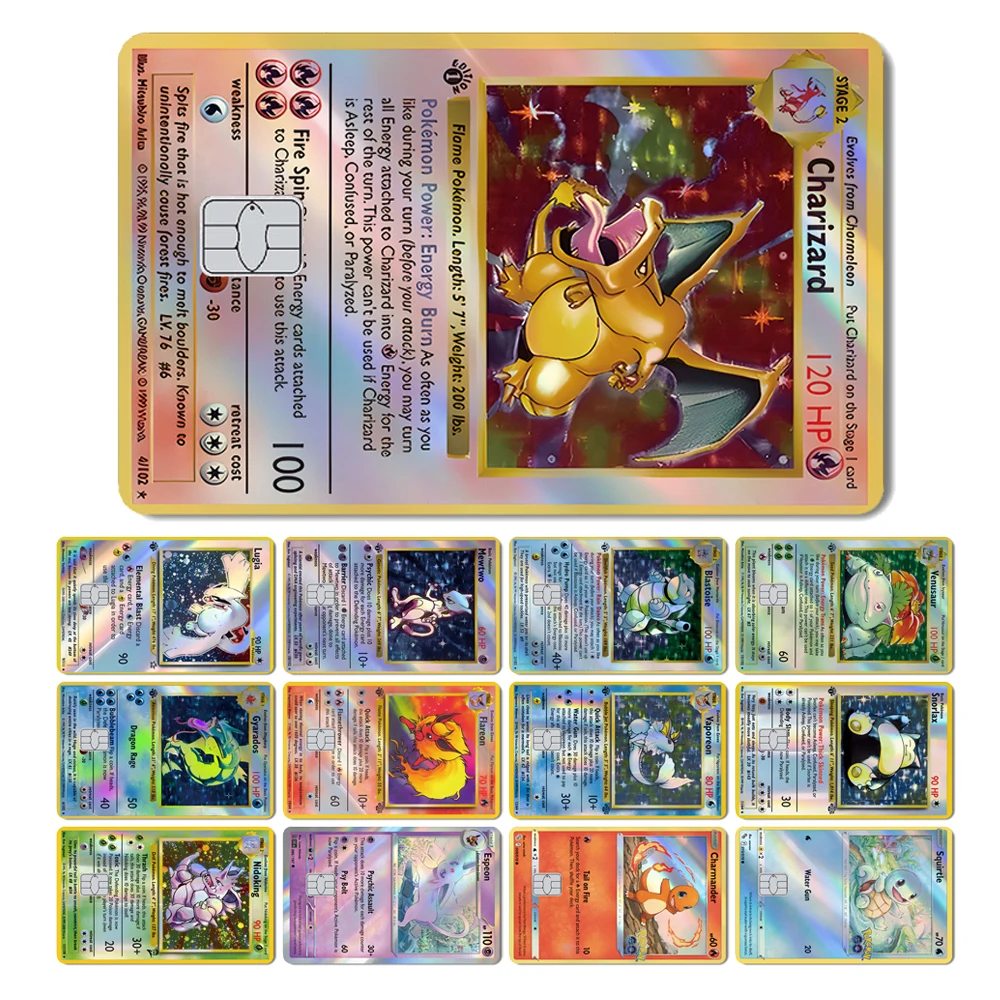 Charizard Gyarados Venusaur Blastoise Mewtwo écureuil ronflement holographique Laser carte de débit de crédit Film autocollant de peau