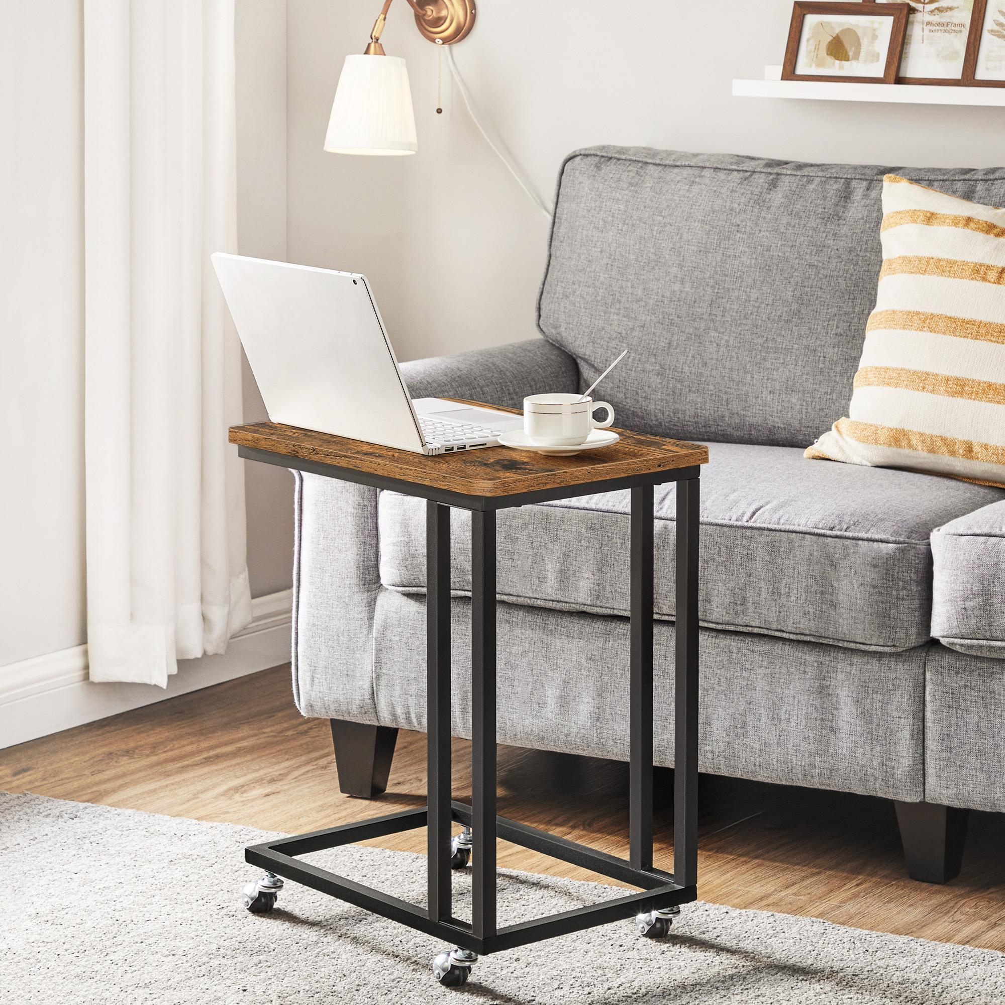 Vasagle Eindtafel, Bijzettafel, Salontafel, Met Stalen Frame En Zwenkwielen, Eenvoudige Montage