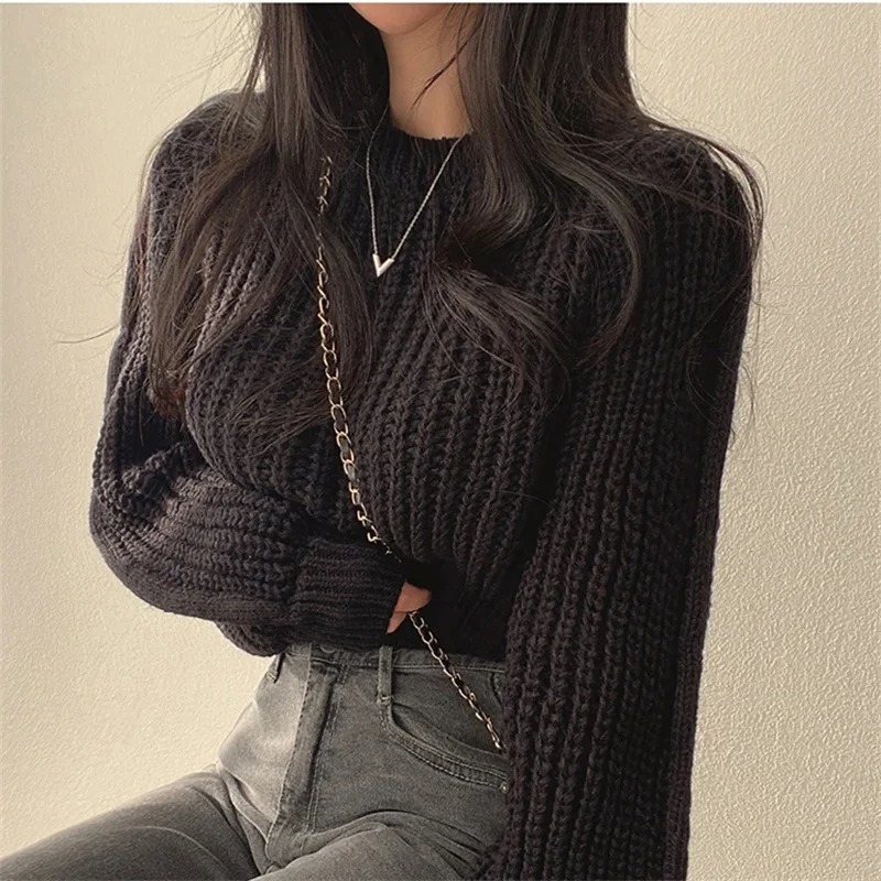 Solto vintage harajuku lanterna manga longa camisola feminina coreano outono inverno malhas macio quente topos chique sólido femme camisola