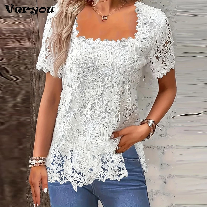 2024 New Spring Summer Lace Shirts For Women Short Sleeve Loose T Shirt Women Casual Solid White Elegant Tee Pullover