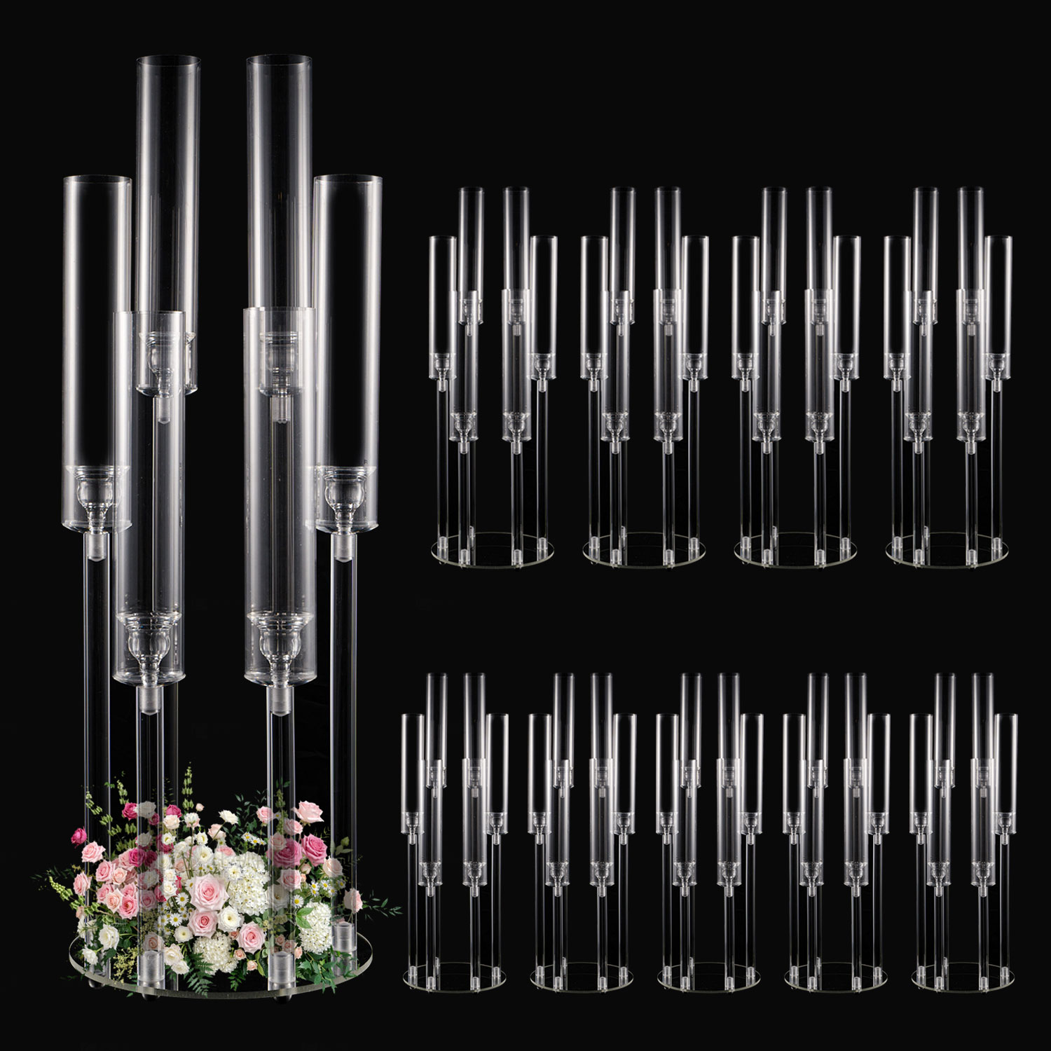 10Pcs Clear 6 Arm Candelabra Taper Candle Holder For Wedding Party Dining Table Banquet Event Decor