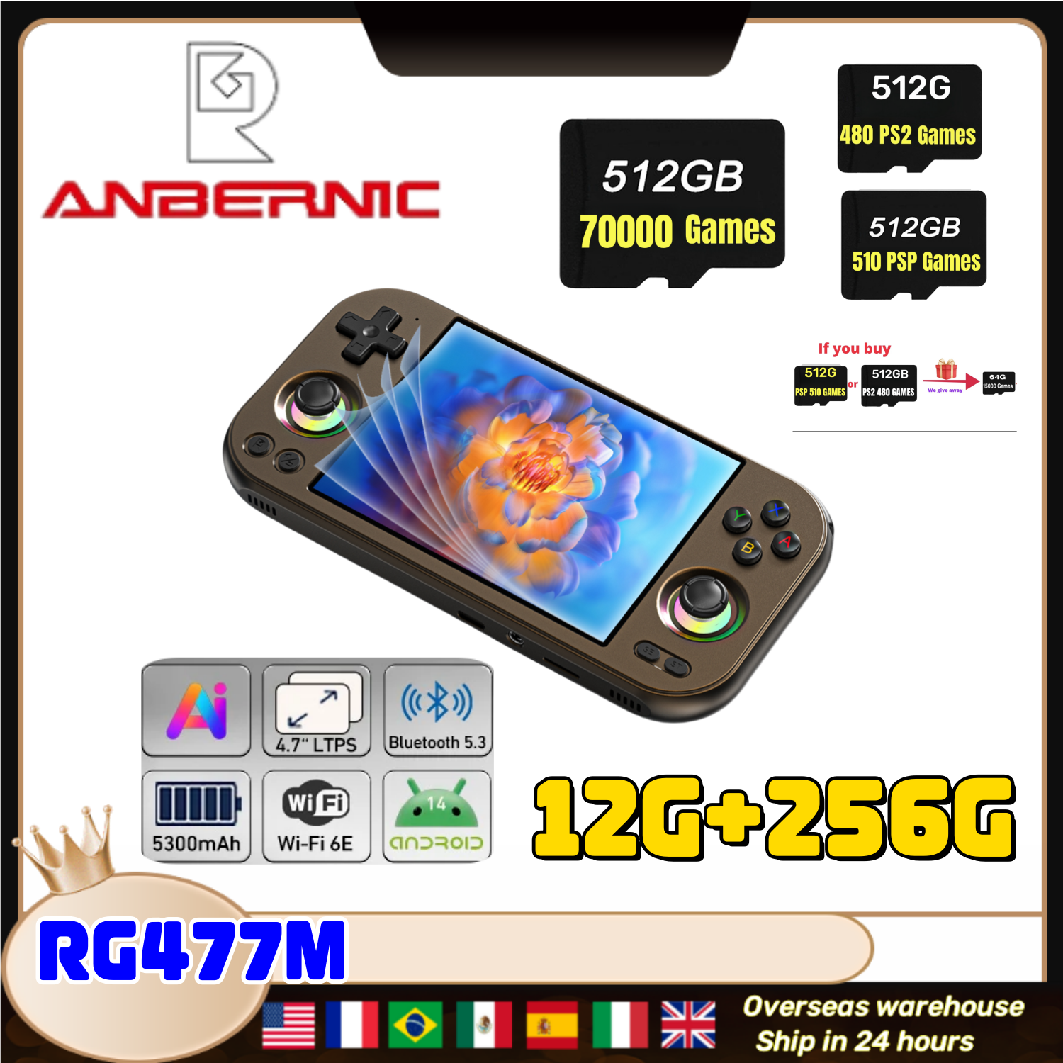 ANBERNIC RG477M Ретро портативный игровой видеоплеер консоль 4,7 дюйма LTPS OCA Android 14 Bluetooth WIFI 12G + 256G PSP PS2 RG 477M