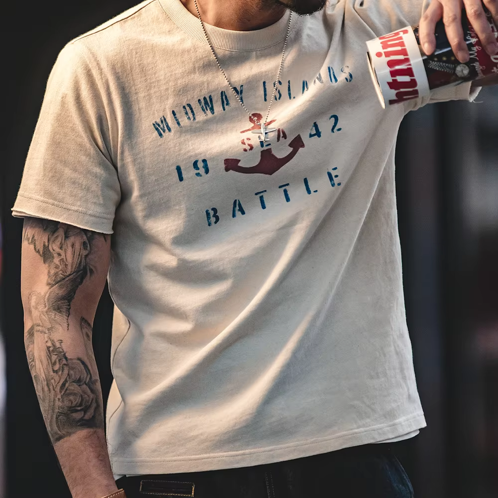 Maden Vintage lettre imprimé coton à manches courtes T-Shirt hommes été coupe ample côtelé col rond T-Shirt décontracté hauts de rue pour le quotidien