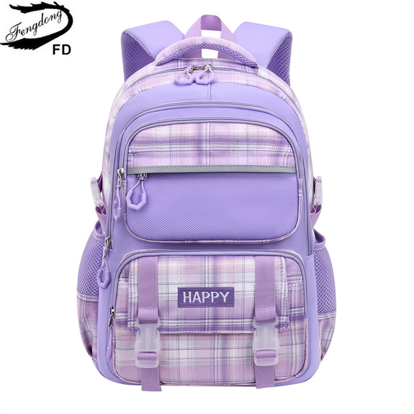 Lila Schultaschen für Kinder, karierte Büchertasche, rosa, wasserdicht, Schulrucksäcke für Mädchen, Rucksack mit großem Fassungsvermögen und vielen Taschen