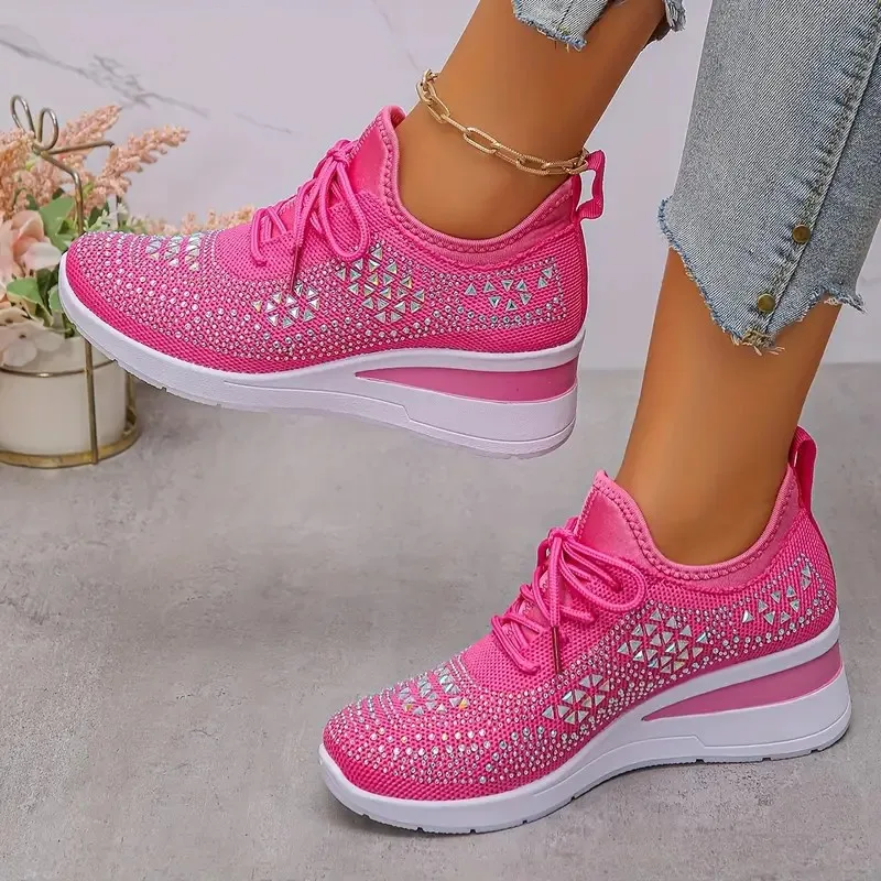 Dames Glanzende Strass Wedge Sneakers Ademende Antislip Wandelschoenen Vrouw Plus Size Mode Dikke Zool Witte Sneakers