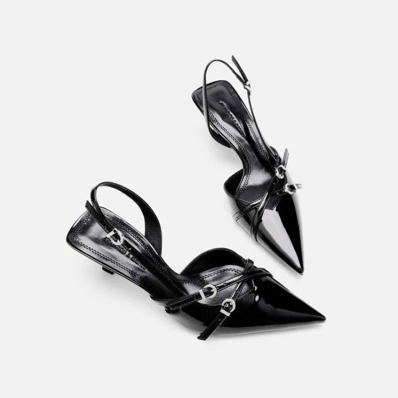 Sandales à talons hauts pour femmes, style urbain, printemps-été, à boucle, bout pointu, ajourées, talon fin, à bout couvert