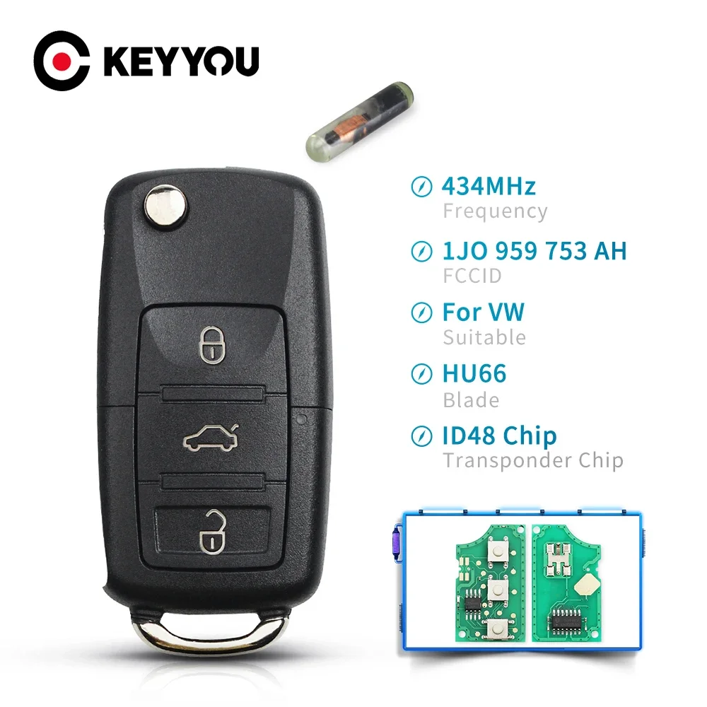 KEYYOU 433 МГц откидной корпус дистанционного ключа для VW Golf Passat Polo Jetta Touran Bora Sharan 1J 0959753 DA 1J 0959753 AH 1K 0959753 Г ID48