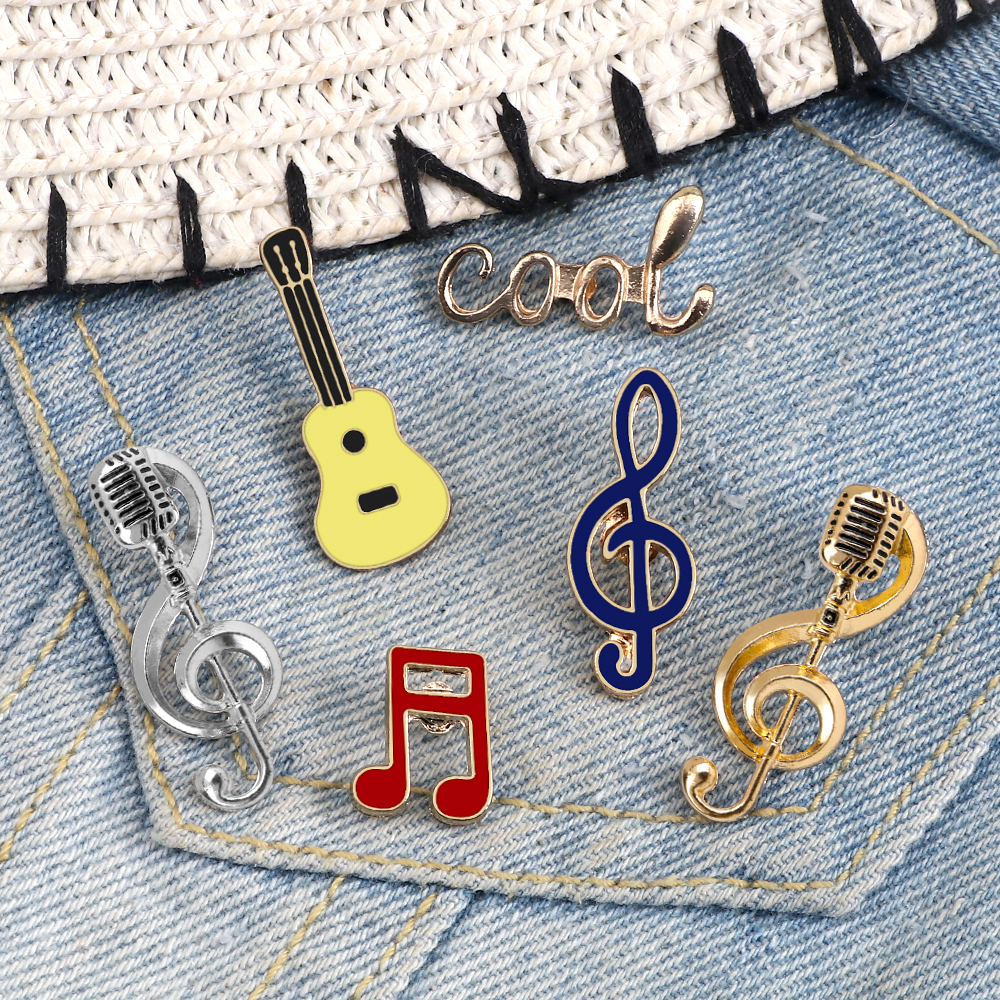 Broches en émail pour Note de musique Cool, Badges métalliques pour Microphone de guitare, Notes de Piano, épingles à revers, bijoux de musicien, cadeaux pour amis