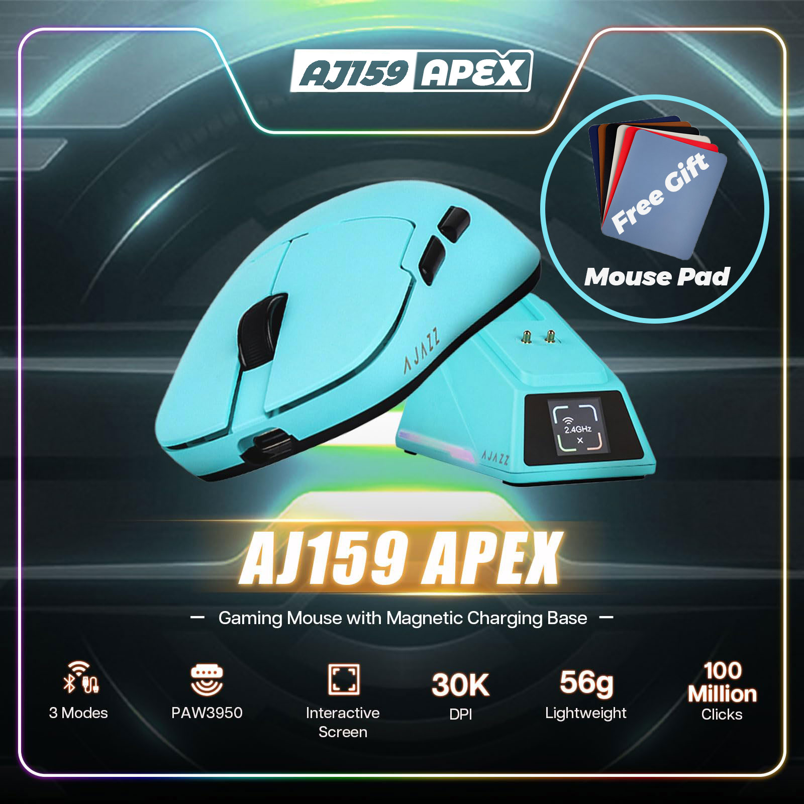 Ratón inalámbrico AJAZZ AJ159 APEX Sensor PAW3950 2,4G/BT/USB-C ratón óptico para juegos 56g ligero con Base de carga magnética de 8K