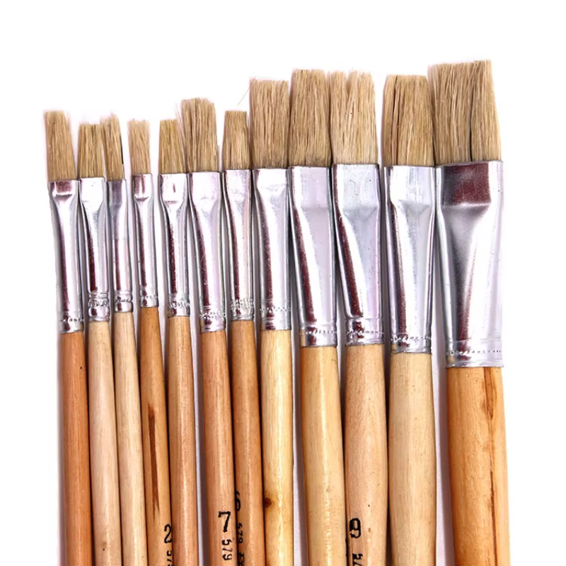 12 pçs/set haste de madeira natural cerdas de porco cabelo duro cabeça plana linha pincel aquarela tintas acrílicas escova arte suprimentos