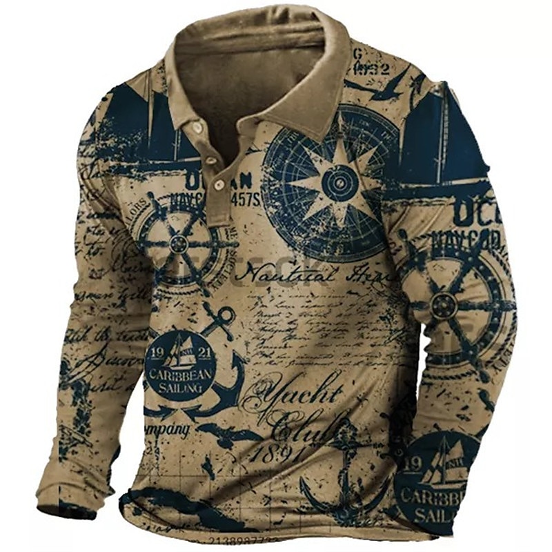Camisa polo de manga longa com bússola náutica masculina lapela esportes lazer ao ar livre escritório uso diário botão primavera outono inverno