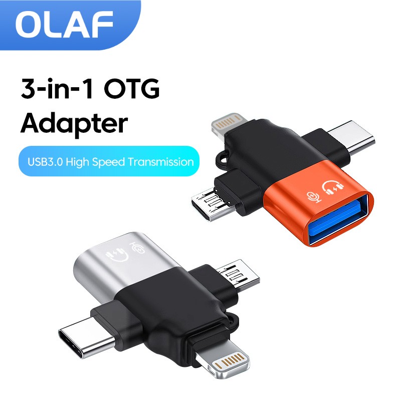 Adattatore OTG Olaf 3 in 1 da USB 3.0 a Micro USB/Type C/Lightning per iPhone, Xiaomi, Samsung, mouse, tastiera, chiavetta USB
